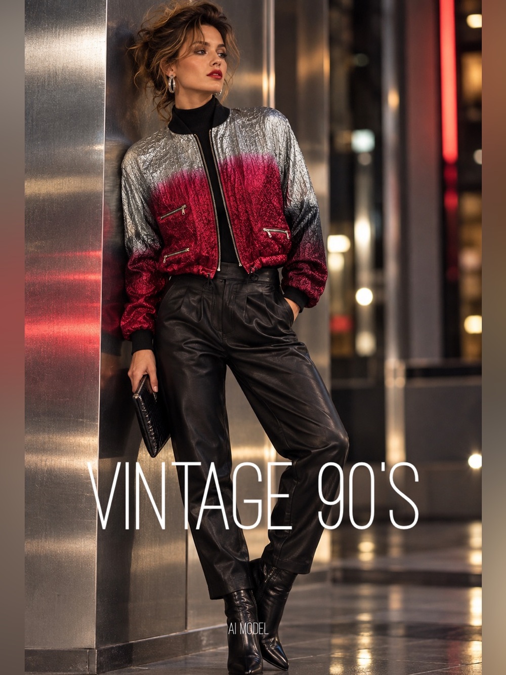 VINTAGE 80s 90's Metallic Bomber Jacket Red Silver Ombré Cropped Avant Garde